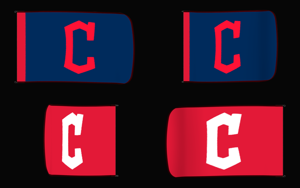 Cleveland Guardians Authentic Gameday Flag — clean four-view front design, front flying, back flying, and back design proof — source_sha256=628f17b9e43fb7227b55fa8e704d104a1e7517da7f25763fa90dae212898ce40