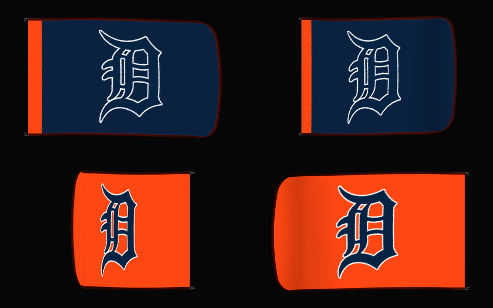Detroit Tigers Authentic Gameday Flag — clean four-view front design, front flying, back flying, and back design proof — source_sha256=b82a5af5d0fa4156ad467fee3b67aeb653d9ea561e753d21dba7b4ba562f407f