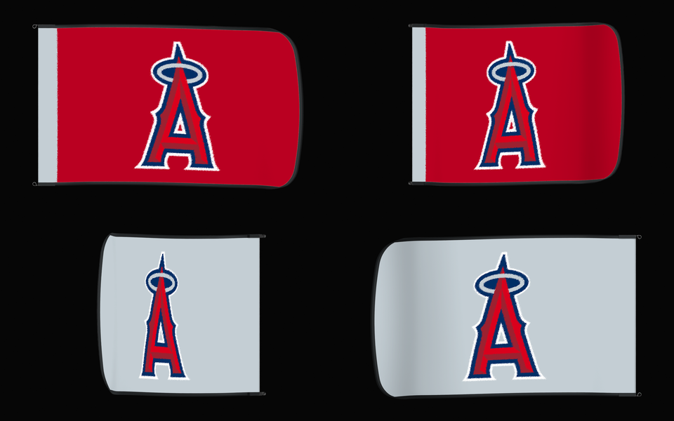 Los Angeles Angels Authentic Gameday Flag — clean four-view front design, front flying, back flying, and back design proof — source_sha256=5f77edc450dc427052512d52d2ba3c0a4855575a1546cf87667a580b5cc9c8d2