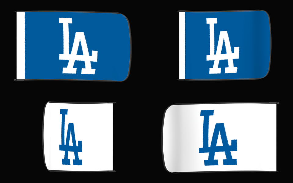 Los Angeles Dodgers Authentic Gameday Flag — clean four-view front design, front flying, back flying, and back design proof — source_sha256=62ec5b0e64a88d383e9243f30ea008faff92128243cb905e8565aa44e2d70c99