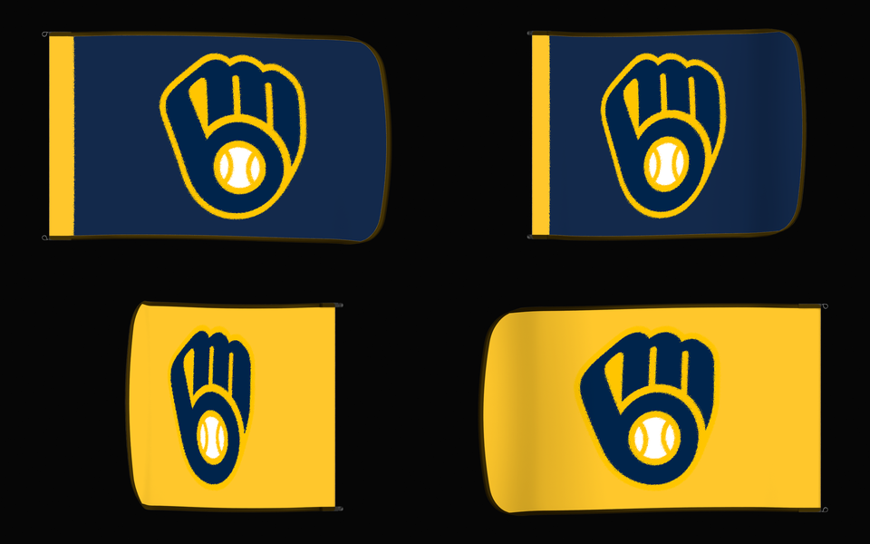 Milwaukee Brewers Authentic Gameday Flag — clean four-view front design, front flying, back flying, and back design proof — source_sha256=7b9631f0ddf319c74c636fa3285cc9962fbf51df01f5b6a5acaa94948d6c26c8