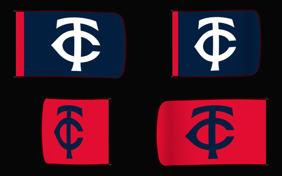 Minnesota Twins Authentic Gameday Flag — clean four-view front design, front flying, back flying, and back design proof — source_sha256=1941f029fc64f6b4cde139c18ab3d31ef8a671db8ca88d8fb38a49c402836928