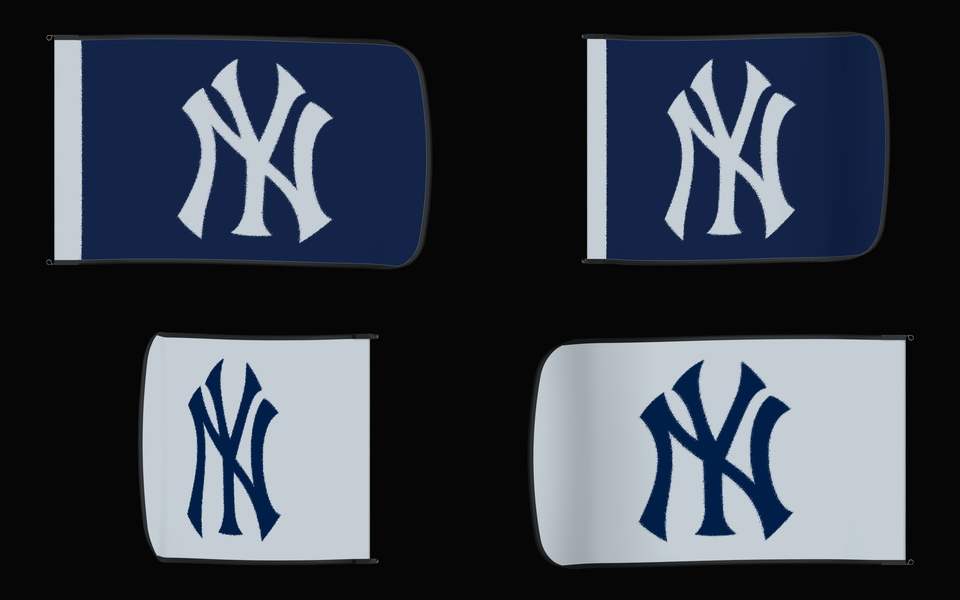 New York Yankees Authentic Gameday Flag — clean four-view front design, front flying, back flying, and back design proof — source_sha256=d84f0eb9344e5a2cd01d0508fb3ea721f9aff0b6855b75e992233c40dfdc6e7c