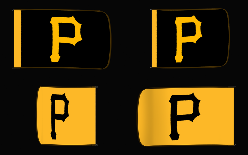 Pittsburgh Pirates Authentic Gameday Flag — clean four-view front design, front flying, back flying, and back design proof — source_sha256=c52553371bb7c4f19c4b5fd62d1e381c07b74baf33b015218c8223f90da40976