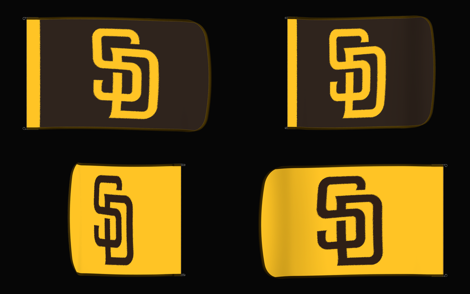San Diego Padres Authentic Gameday Flag — clean four-view front design, front flying, back flying, and back design proof — source_sha256=f5f9af86f4983dff3a573eaa90238a2d8a771685c07fce1210a130183f6a904c