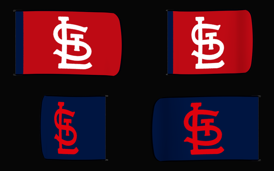 St. Louis Cardinals Authentic Gameday Flag — clean four-view front design, front flying, back flying, and back design proof — source_sha256=ab983dfe811b1143b1946737dec61b582c7848c250e3987b95a7550f90342ec6