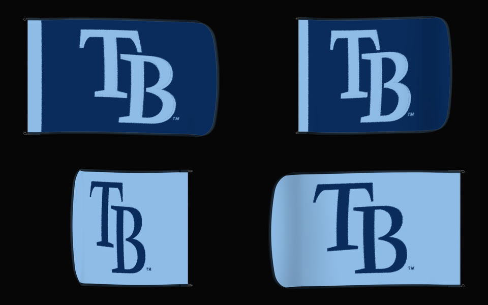 Tampa Bay Rays Authentic Gameday Flag — clean four-view front design, front flying, back flying, and back design proof — source_sha256=7e3120997e4988c9909c18c73b65d78a662763a3eeb3b607278a966773c16eb2
