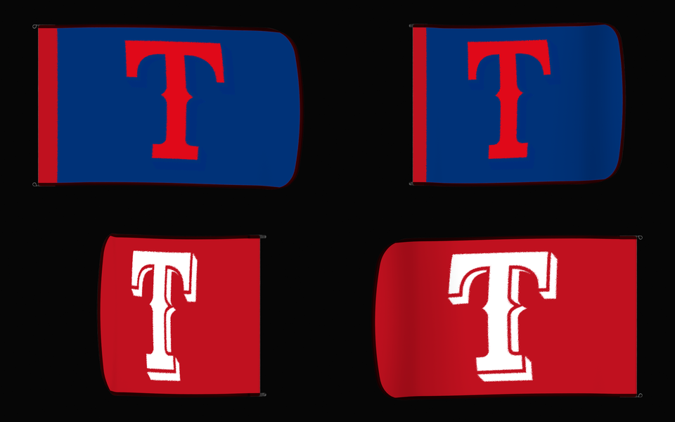 Texas Rangers Authentic Gameday Flag — clean four-view front design, front flying, back flying, and back design proof — source_sha256=bf3653c15949e9a5bbe56162532499efdd0627cb2ec19ab12238b3fc643ed304