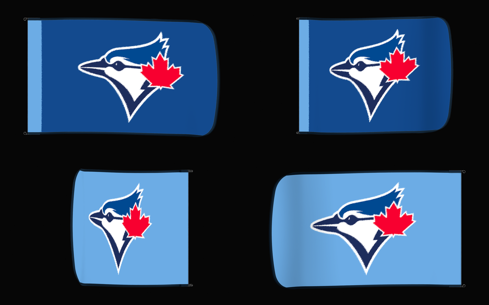 Toronto Blue Jays Authentic Gameday Flag — clean four-view front design, front flying, back flying, and back design proof — source_sha256=99d0f1d1f2392deaa31f71ae1d888e3e18e1c6ba995140f6841bae94e2e55f0e