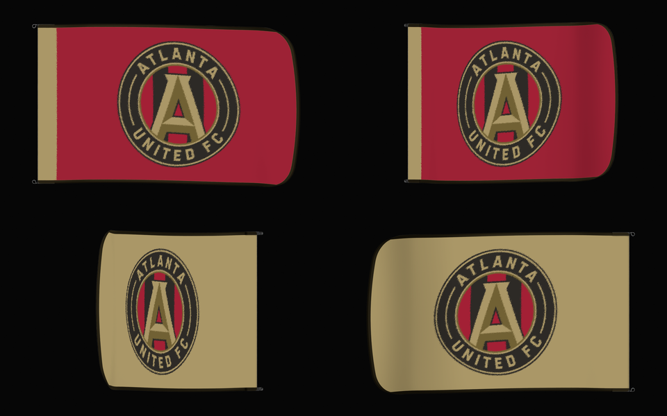 Atlanta United FC Authentic Gameday Flag — clean four-view front design, front flying, back flying, and back design proof — source_sha256=46938836147d419d2f4339ec681e544cf56e2fc4877d10255ce094048a91241f