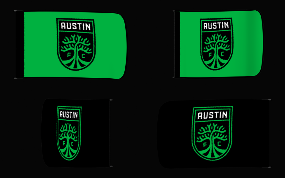 Austin FC Authentic Gameday Flag — clean four-view front design, front flying, back flying, and back design proof — source_sha256=963be0e2457a12b81c1ee5384fb78d609d1aeff6151a2492e33baa7c4d1a1055