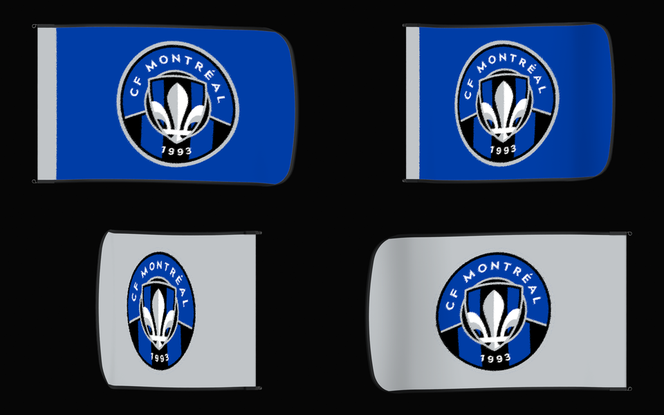 CF Montréal Authentic Gameday Flag — clean four-view front design, front flying, back flying, and back design proof — source_sha256=813f63397fb2f3c69eebb73bf09f543e7a6502b1eafe8e4a806f8519f0bde6ee