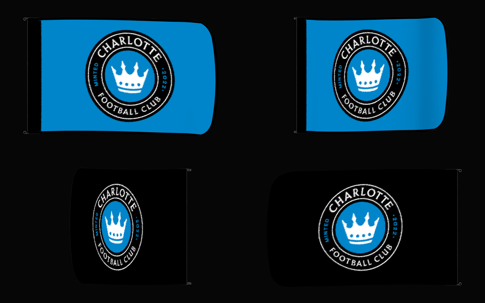 Charlotte FC Authentic Gameday Flag — clean four-view front design, front flying, back flying, and back design proof — source_sha256=74f3ddfac505546e107df11d04a1bc77f20b9fbe1b534ccc7717f36b7ffb9e2c