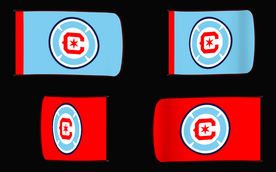 Chicago Fire FC Authentic Gameday Flag — clean four-view front design, front flying, back flying, and back design proof — source_sha256=697d3f4a4ff8e85c49741d6ace24a18a972023911204caa160d95c24019f4dcf