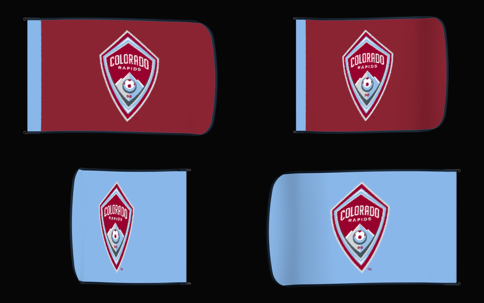Colorado Rapids Authentic Gameday Flag — clean four-view front design, front flying, back flying, and back design proof — source_sha256=ad5902dd738cbfc1bd7c415717d7ee7fafe7b754b814cad64b9ad7e16ce690a0