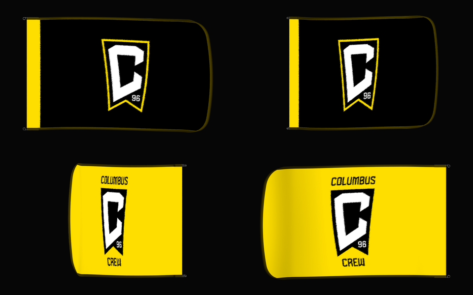 Columbus Crew Authentic Gameday Flag — clean four-view front design, front flying, back flying, and back design proof — source_sha256=41d7932798c84646b0318d103b8f3d9185b36549a161383d221010824112cd67