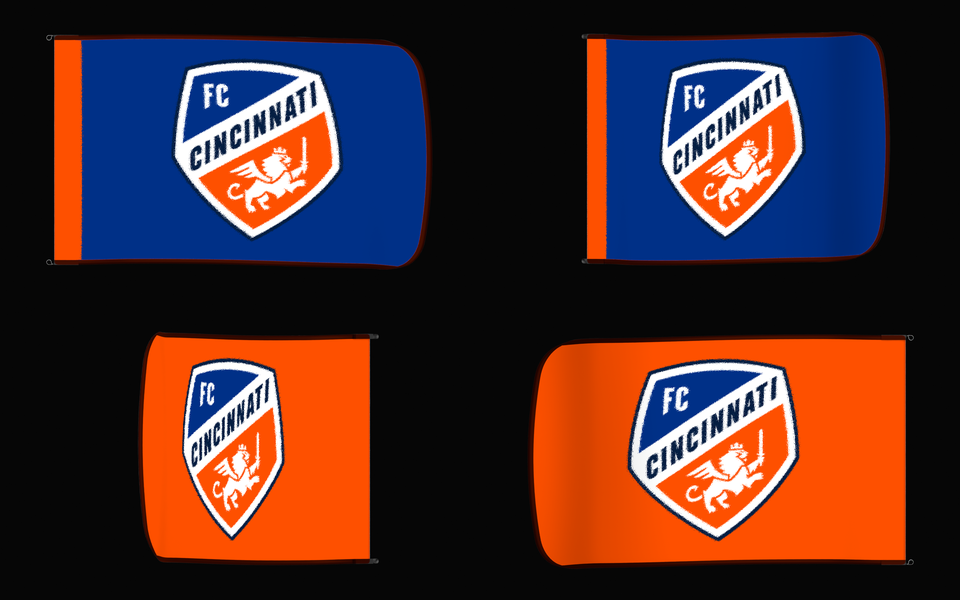 FC Cincinnati Authentic Gameday Flag — clean four-view front design, front flying, back flying, and back design proof — source_sha256=485966da58bdfe3d0e564bad494fa89132a203272df6d828c56bdab603b2373d