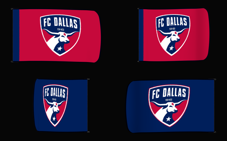 FC Dallas Authentic Gameday Flag — clean four-view front design, front flying, back flying, and back design proof — source_sha256=ad580dcbdb2ba1c45531fa75bc336b5b1a09fa93b3abd694e2e4c14ae654d486