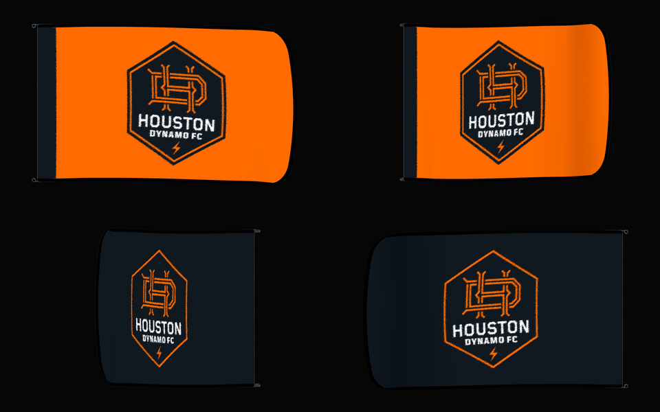 Houston Dynamo FC Authentic Gameday Flag — clean four-view front design, front flying, back flying, and back design proof — source_sha256=0b48d56eb0f8997fe27b376f9e6c6300b560199eec188291fa7b8ec80bc800d3
