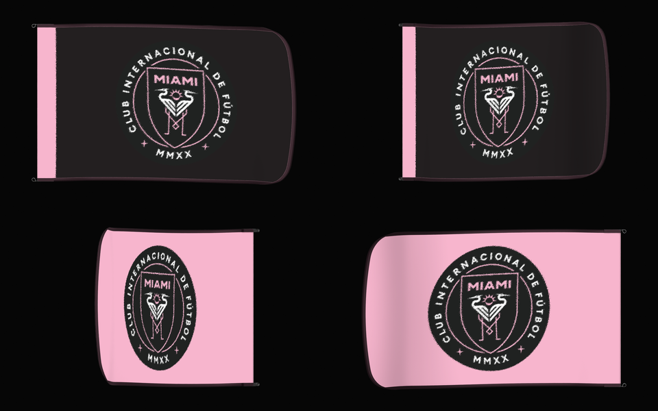 Inter Miami CF Authentic Gameday Flag — clean four-view front design, front flying, back flying, and back design proof — source_sha256=3530f14cf349841806889bef0395757e60aa5a4fd61d0d8958d08e4988ac55e5