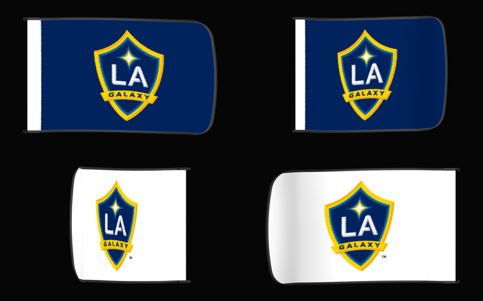 LA Galaxy Authentic Gameday Flag — clean four-view front design, front flying, back flying, and back design proof — source_sha256=94678209fbd60ef15aac8455727149c10417bdcc8b16072d45750f76730fa68a