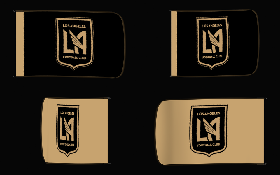 LAFC Authentic Gameday Flag — clean four-view front design, front flying, back flying, and back design proof — source_sha256=9762676f7ee74dc0dd7a777ec2cd1241021dd90b2d53770456a46e749f6d28bc