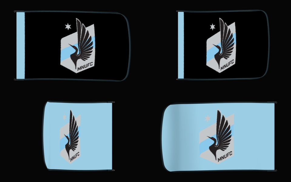 Minnesota United FC Authentic Gameday Flag — clean four-view front design, front flying, back flying, and back design proof — source_sha256=f6d62dc2c534ded5c84aaebbe9b346c602d93e34e43374d48d21eaa78cc81af5
