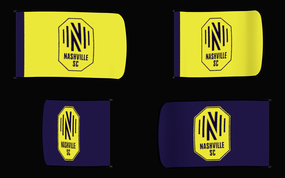 Nashville SC Authentic Gameday Flag — clean four-view front design, front flying, back flying, and back design proof — source_sha256=c6ff788c01e6ff8d54225995bd7d441afcfcedbc1acf2e38d98caa4dd428d145