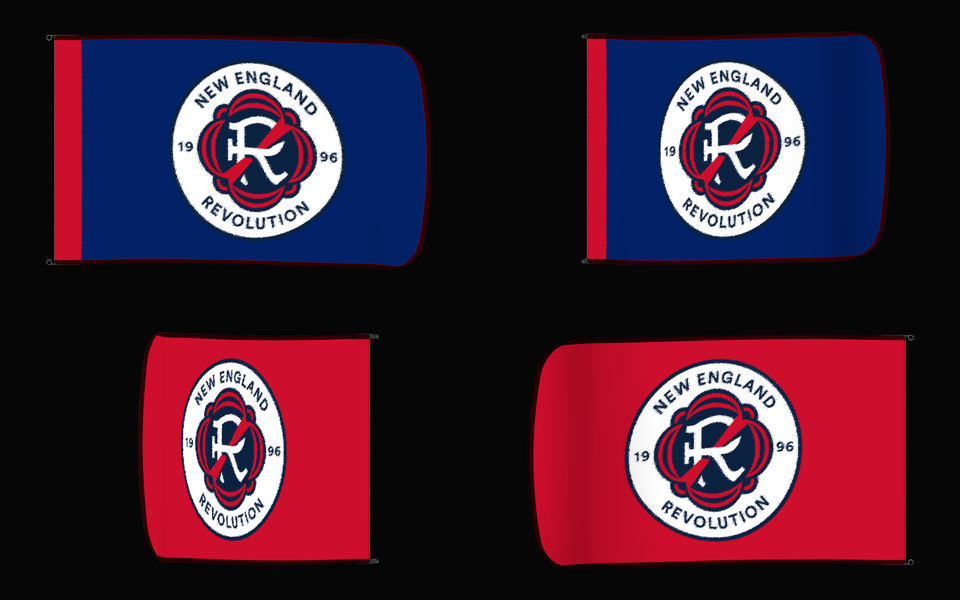 New England Revolution Authentic Gameday Flag — clean four-view front design, front flying, back flying, and back design proof — source_sha256=26736577f6e3ad029d2cb9c591cbd958af743a1ccd57d3d656881a426588d485