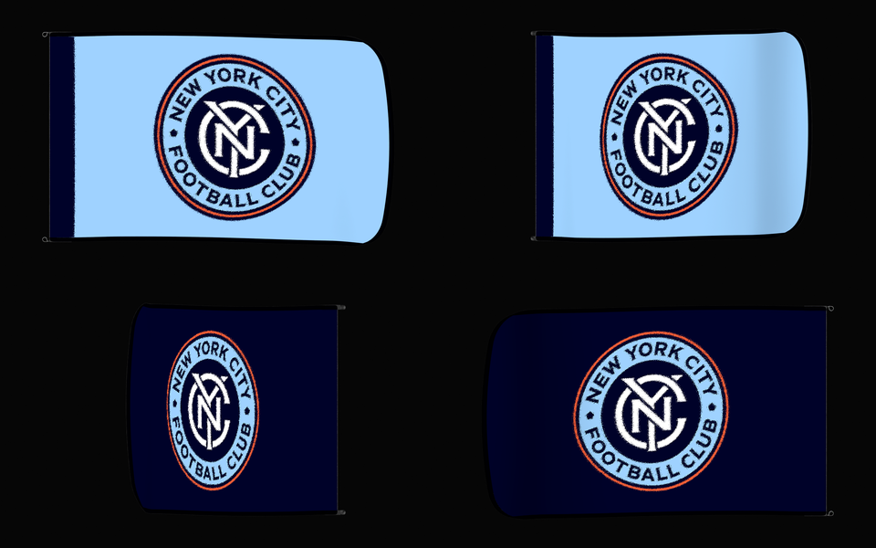 New York City FC Authentic Gameday Flag — clean four-view front design, front flying, back flying, and back design proof — source_sha256=d5879944a0b1ac89057e00584ea8229e617536be95fd0cd67fd7a5247c744368