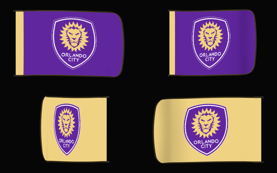 Orlando City SC Authentic Gameday Flag — clean four-view front design, front flying, back flying, and back design proof — source_sha256=aa7559ab0dbc423c94be44986addca24b1c5eb59f5d324d0634139bf9b7d9221