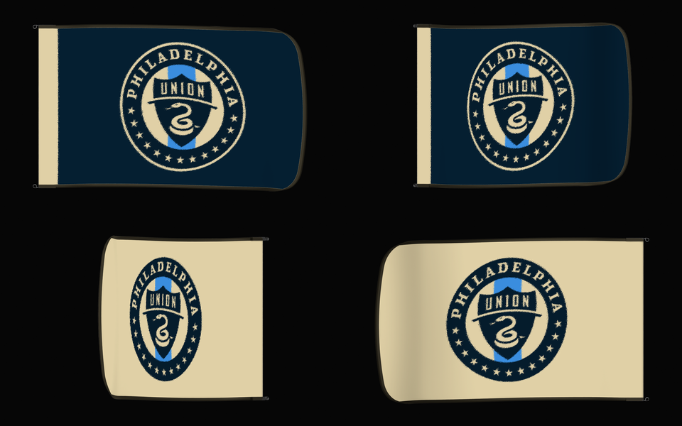 Philadelphia Union Authentic Gameday Flag — clean four-view front design, front flying, back flying, and back design proof — source_sha256=aab77b745630d1619f940fc93e5c308c94a789789465f3d468509cd8810d3ccf