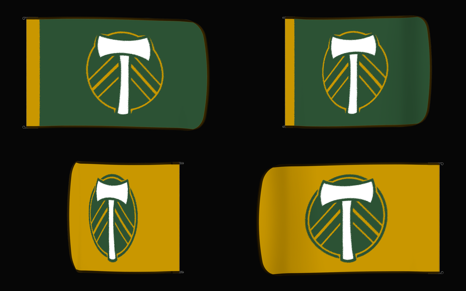 Portland Timbers Authentic Gameday Flag — clean four-view front design, front flying, back flying, and back design proof — source_sha256=6b20f57ba6aea17c274dffb03b707240d0326925c34b362f38e5b5509a8759ab