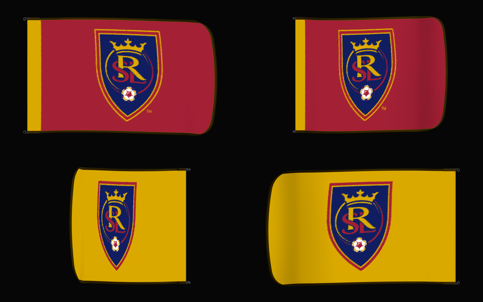 Real Salt Lake Authentic Gameday Flag — clean four-view front design, front flying, back flying, and back design proof — source_sha256=7de7e96066338b2b24639661231b917385ce330f8fa3755b2c08100e536fe1fe