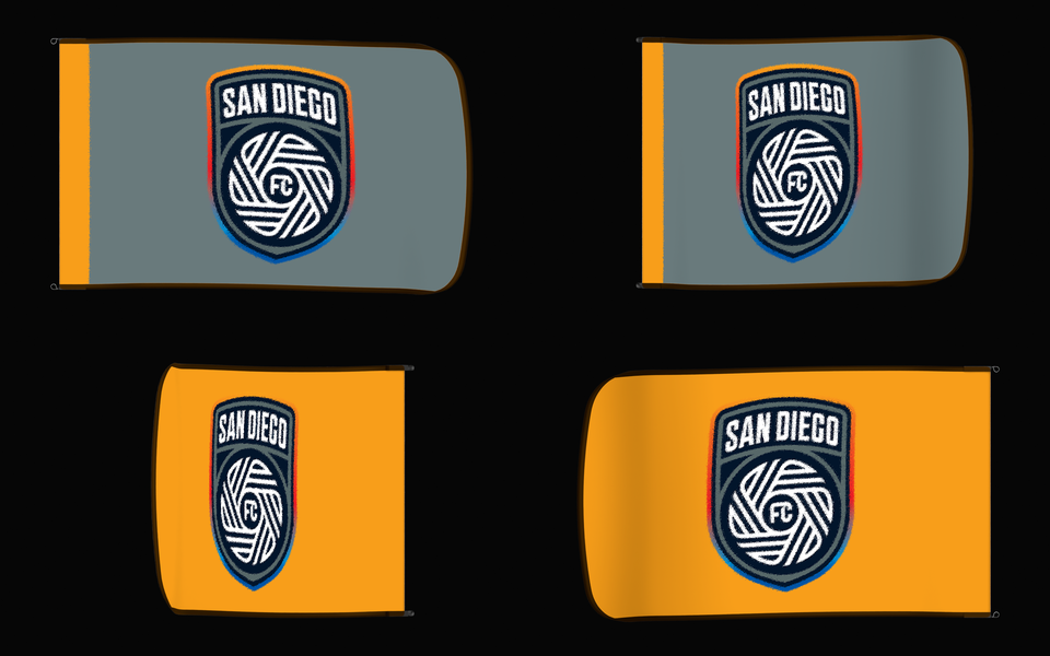 San Diego FC Authentic Gameday Flag — clean four-view front design, front flying, back flying, and back design proof — source_sha256=b806d2941b99380042379052714df2320d0554da84ee89fe3c68060974c411d4