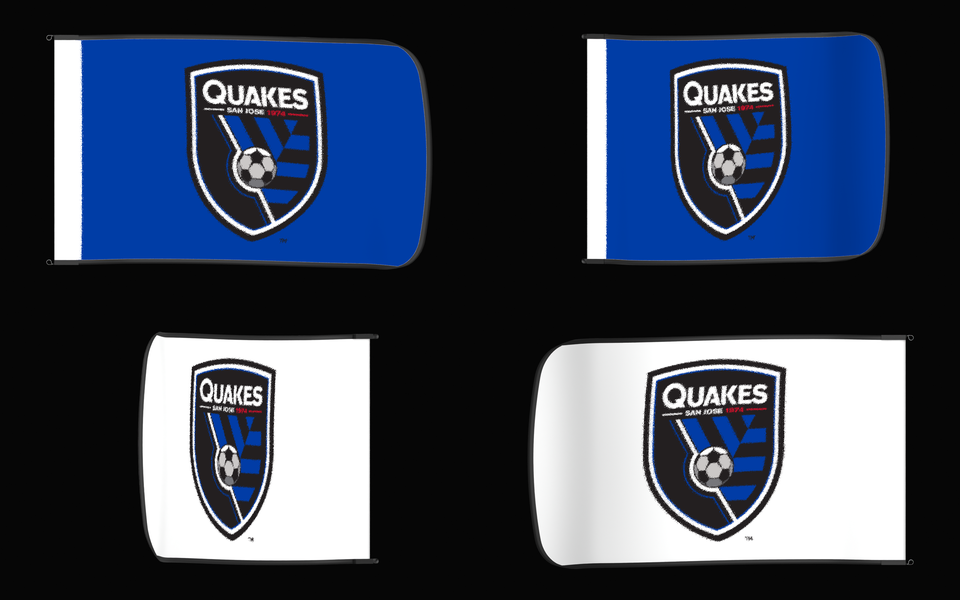 San Jose Earthquakes Authentic Gameday Flag — clean four-view front design, front flying, back flying, and back design proof — source_sha256=d5ffd108c80b92d117dd03aff139c09dfcae1192842975e2380997736a185293