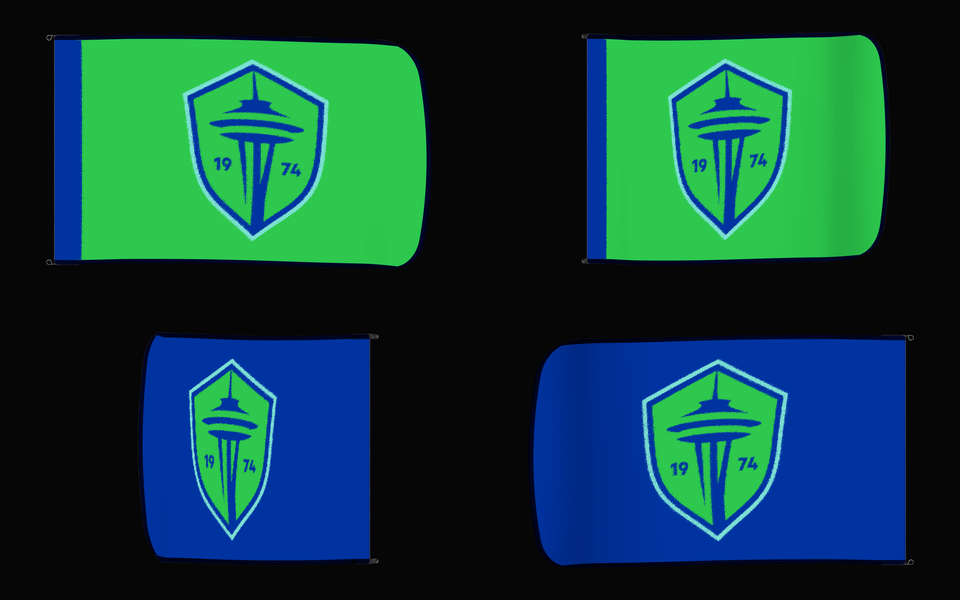 Seattle Sounders FC Authentic Gameday Flag — clean four-view front design, front flying, back flying, and back design proof — source_sha256=2a20353f7c94824ededec676cb166d8759319b4dca7c07a5614bf69ad84f97f6