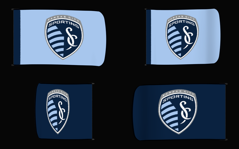 Sporting Kansas City Authentic Gameday Flag — clean four-view front design, front flying, back flying, and back design proof — source_sha256=3ec3bb39e800c2e822f83e98660a7ef7cf50e871a16db2a364a07b50d677c165