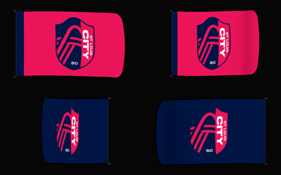 St. Louis CITY SC Authentic Gameday Flag — clean four-view front design, front flying, back flying, and back design proof — source_sha256=23d8e1ce5b3b35488a414a634e6857c7e750e9f98dc9fce71c6f13b043f7cd7f