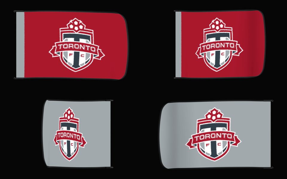 Toronto FC Authentic Gameday Flag — clean four-view front design, front flying, back flying, and back design proof — source_sha256=c82066146033c3b57db794722a240a0f8f7f2b134caef4c2bdf3e46fde395f40