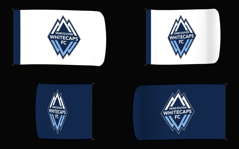 Vancouver Whitecaps Authentic Gameday Flag — clean four-view front design, front flying, back flying, and back design proof — source_sha256=741b3a08178086d8a76c1282def3ef0c84db34771bdc5810da372df5eb0d7121