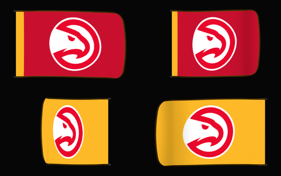 Atlanta Hawks Authentic Gameday Flag — clean four-view front design, front flying, back flying, and back design proof — source_sha256=dc9d018440682fe7614ed06f092f8765902e69dbd22cb060e9a2c6692f06b13d