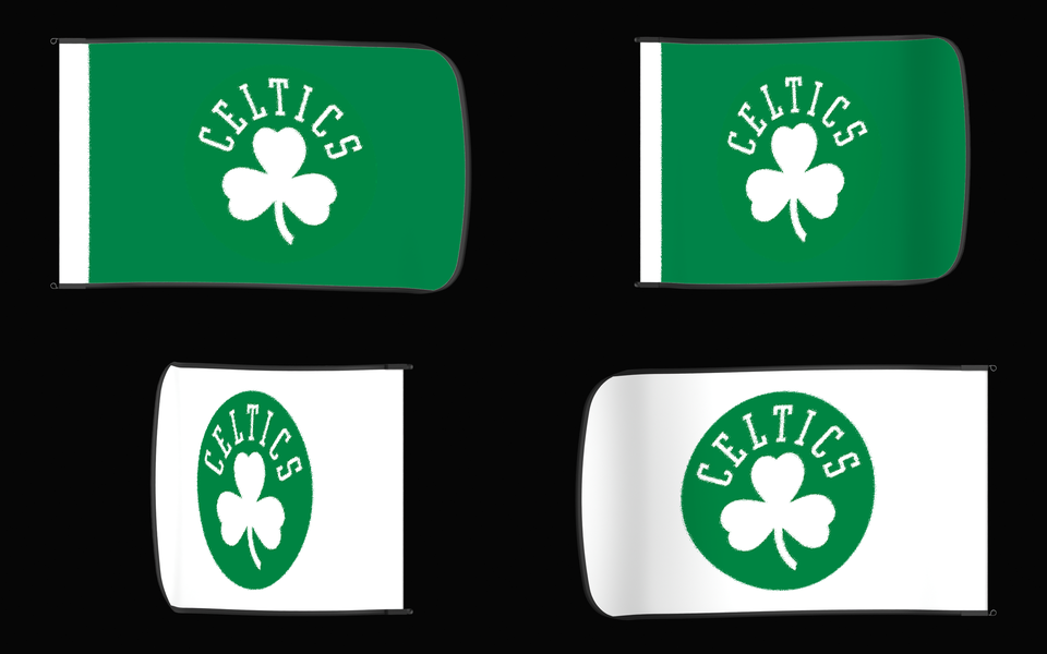 Boston Celtics Authentic Gameday Flag — clean four-view front design, front flying, back flying, and back design proof — source_sha256=ee72133346f61ae638c33c2ef4763a6b4cb727d155555c04dee206de3bc62389