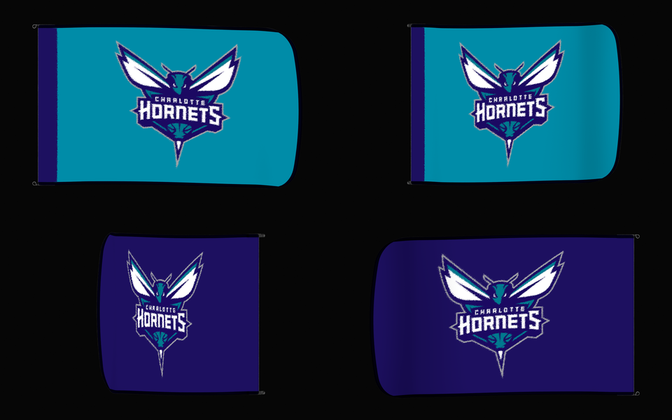Charlotte Hornets Authentic Gameday Flag — clean four-view front design, front flying, back flying, and back design proof — source_sha256=fba5a1bc5eb4c6ea7c2fb5771a664b26fac459e3190379b8e750d07d2cf41735
