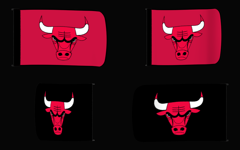 Chicago Bulls Authentic Gameday Flag — clean four-view front design, front flying, back flying, and back design proof — source_sha256=5ca0d8c8fea7228d691ee36930ff2dd9bca737d2537ff59c78371e79ccfb7bac
