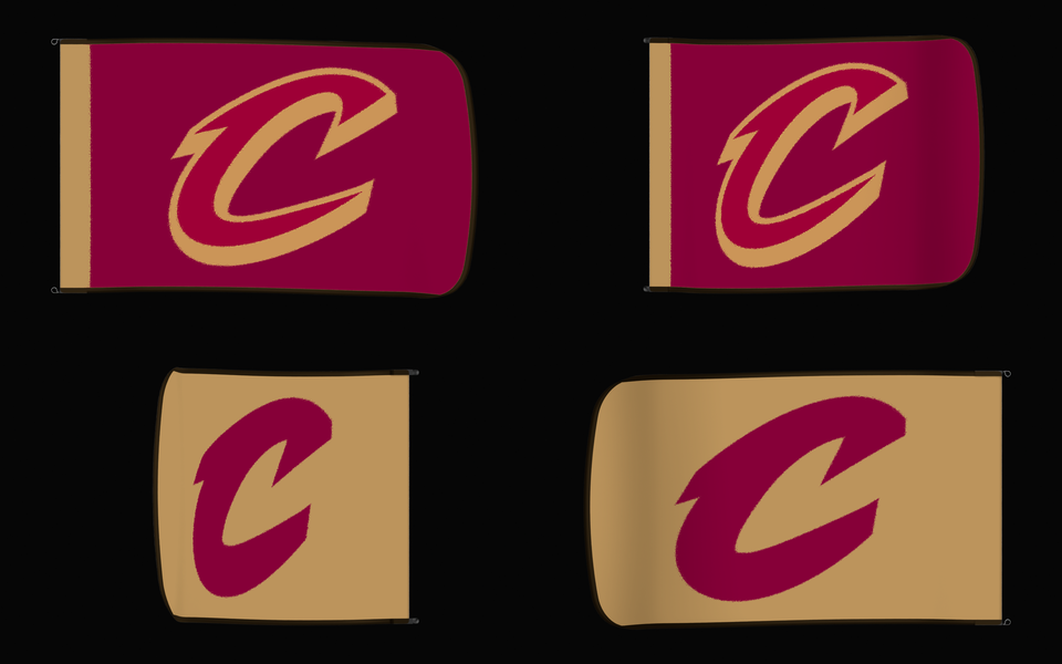 Cleveland Cavaliers Authentic Gameday Flag — clean four-view front design, front flying, back flying, and back design proof — source_sha256=9c254edd17cc1f1fe485b3147d51ba79595666e2090c20b769052733435b0664