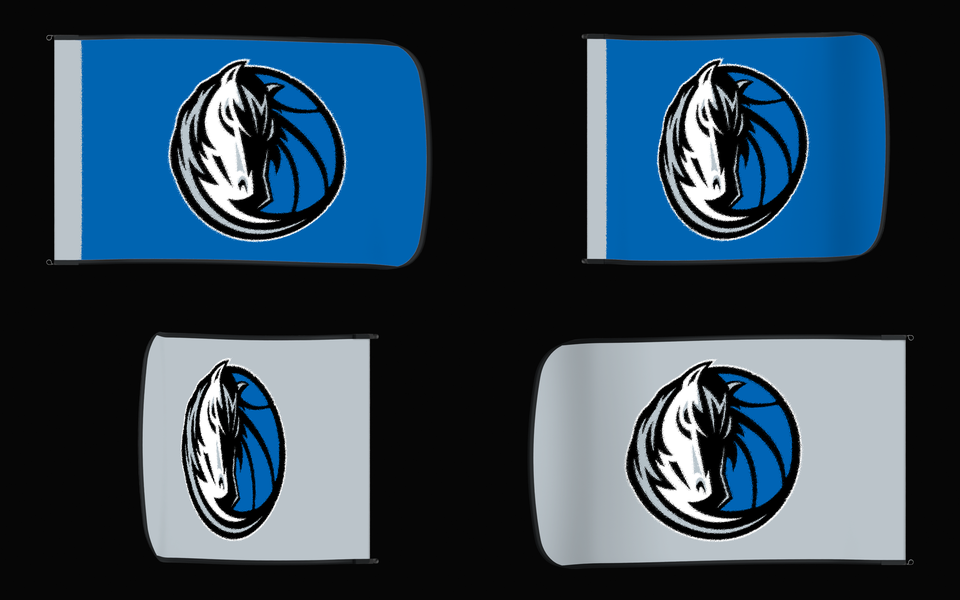 Dallas Mavericks Authentic Gameday Flag — clean four-view front design, front flying, back flying, and back design proof — source_sha256=6305c49a27ac0d155cfe81cf4413e326c29e0daf9fadbcde96ba90017e6c1271