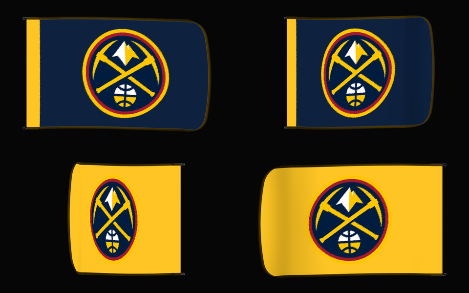 Denver Nuggets Authentic Gameday Flag — clean four-view front design, front flying, back flying, and back design proof — source_sha256=be1eac580c01ac5da1757bdf45e6e1c6c2b7955c2750f1835c17755159988852