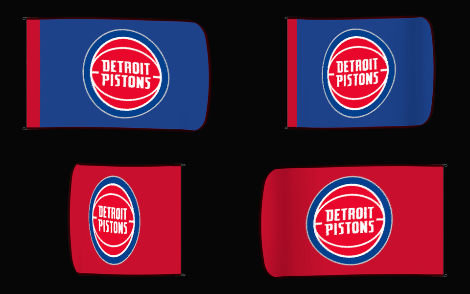 Detroit Pistons Authentic Gameday Flag — clean four-view front design, front flying, back flying, and back design proof — source_sha256=3c812e8f4e6fc35f02448d118d7c95e51235ba359b64c1364724813bb75cbac6