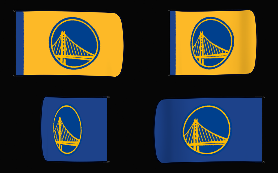 Golden State Warriors Authentic Gameday Flag — clean four-view front design, front flying, back flying, and back design proof — source_sha256=f1a82eaa607bc8993e5edd059c1813f599b9c25a497b5d2ac5d8e28452b0221c